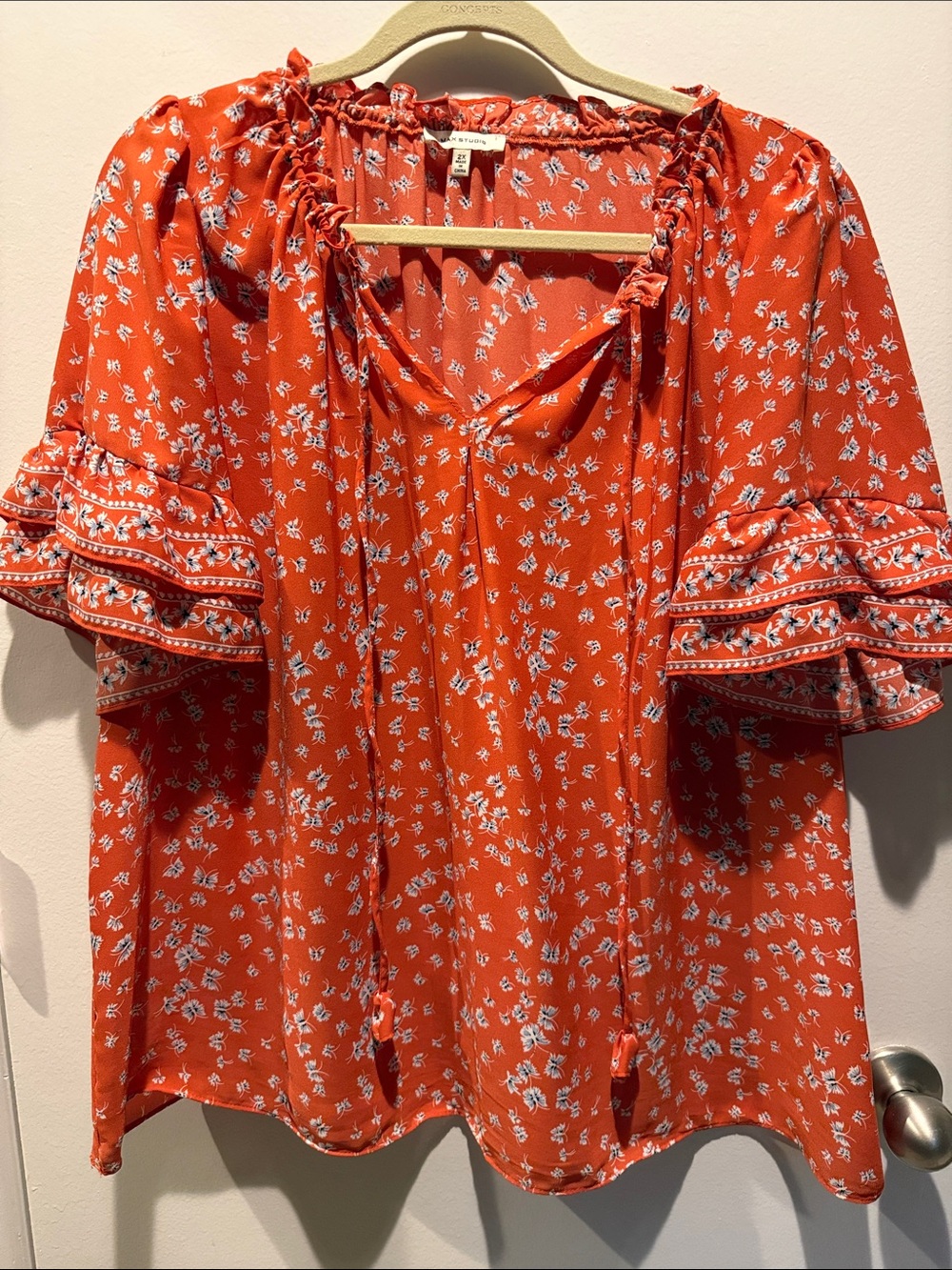 Max Studio Orange Floral Peasant Blouse with Ruffle Sleeves